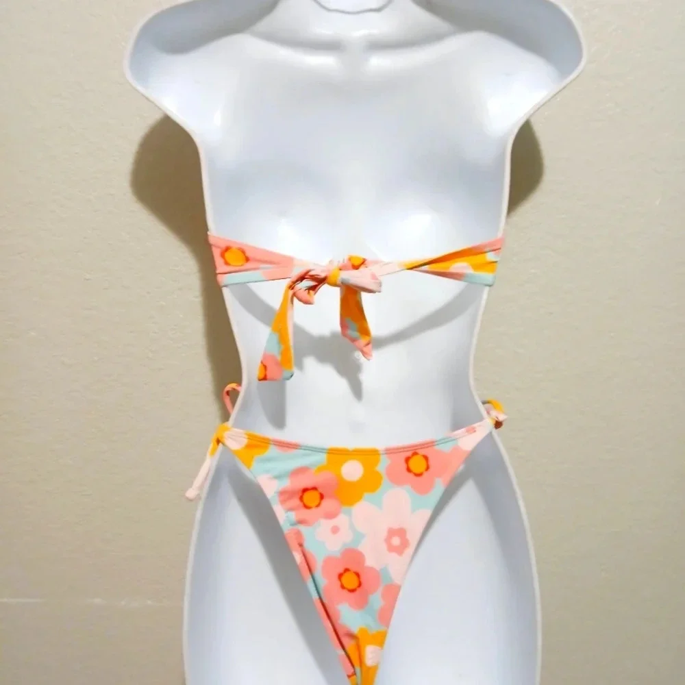 💚5/$25 Zylein Colorful  Floral Halter Tied String Bikini Small Cheeky Bottoms